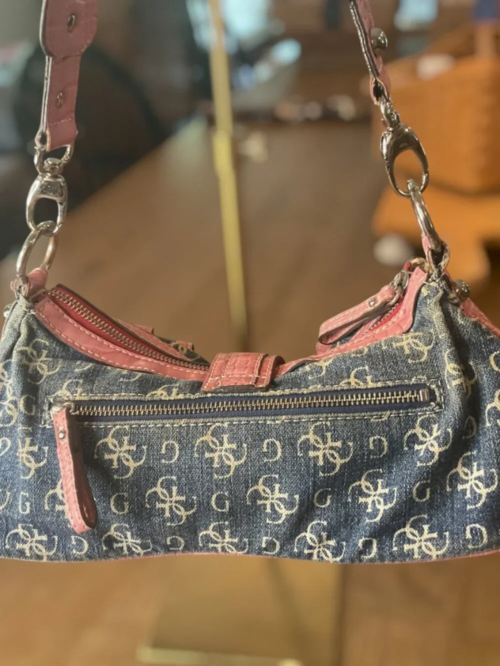 Vintage Guess Denim and Pink Snakeskin Baguette Shoulder Bag Y2K Aesthetic RARE